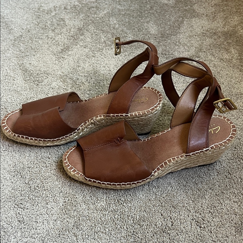 Clarks Tan Leather Espadrille Sandals